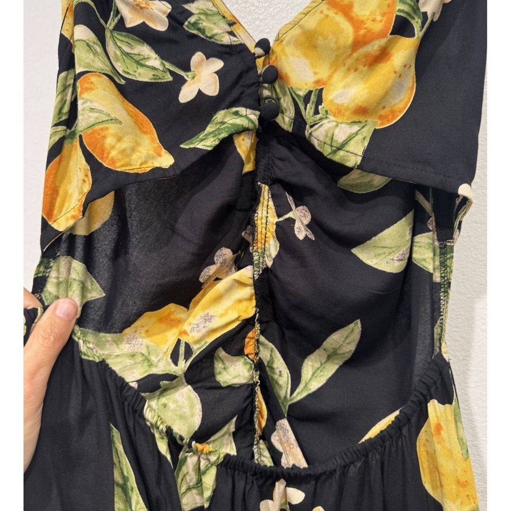 ASOS Design Twist Strap Midi Lemon Print Dress Size 6 Open Back Ruched Bodice - Picture 8 of 14